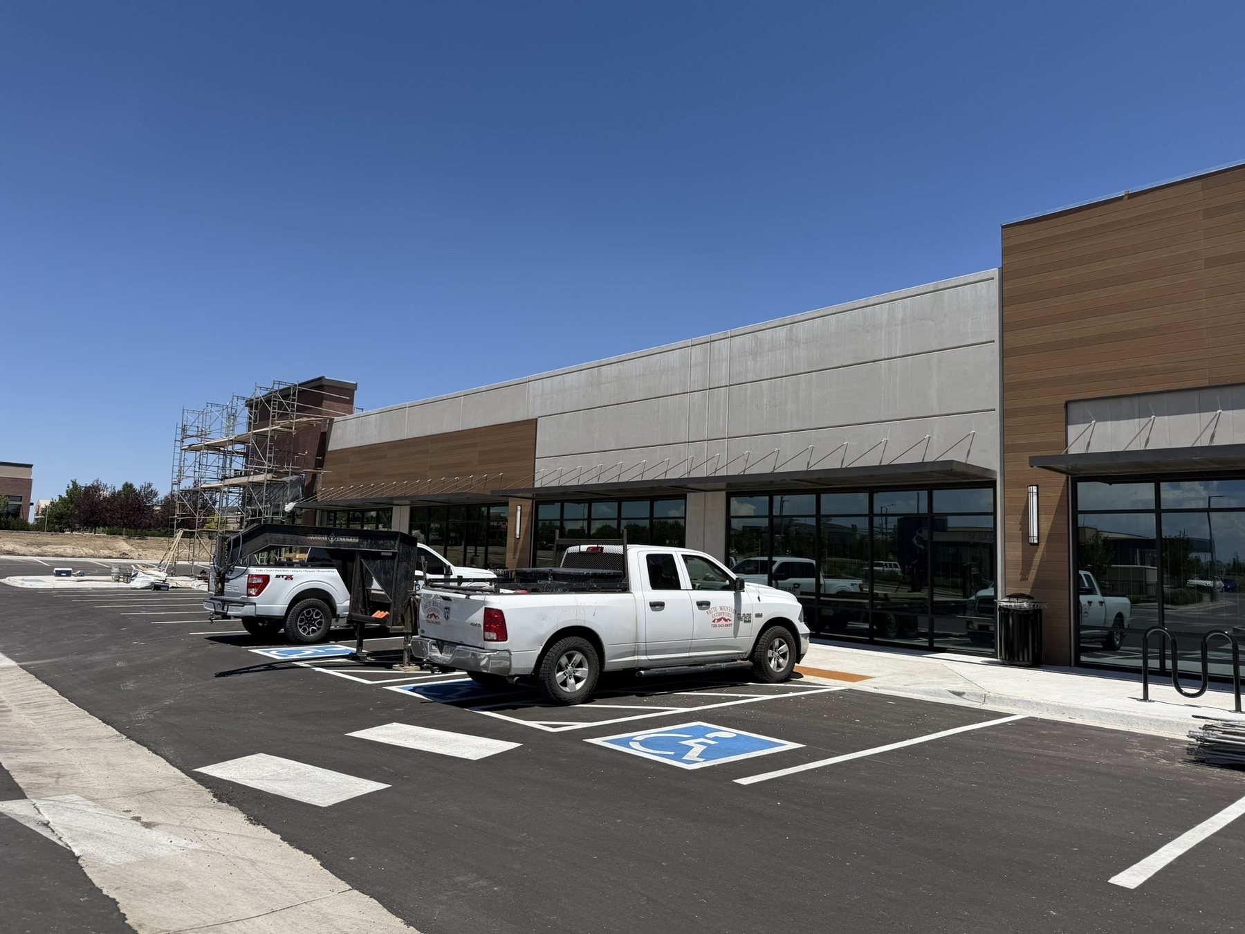 Storefront glazing and wood soffit
