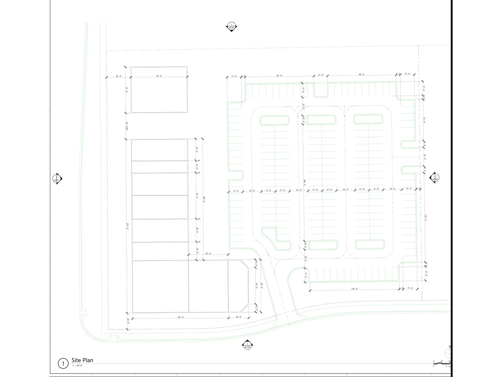 Site plan — two buildings, 57th Avenue frontage